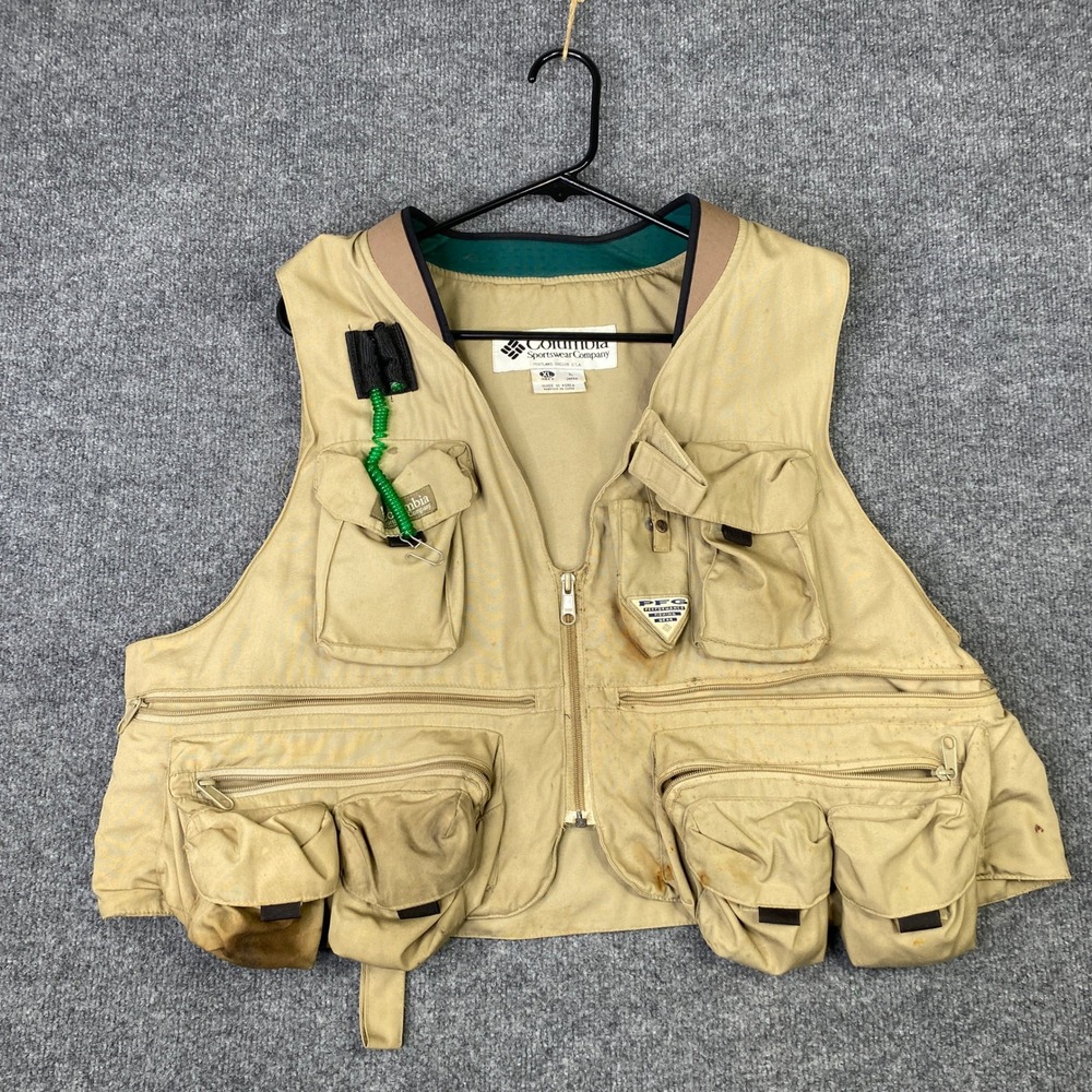 Columbia PFG Performance Fishing Gear Vest Mens XL Tan Multi Pocket Utility VTG
